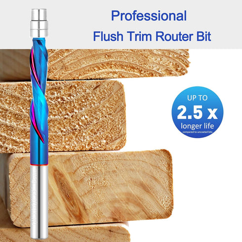 1/4 inch Trimming Shank CNC Router Bit Dowm Cut Flush Trim Router Bits Solide Carbide End Mill with Nano Blue Coating