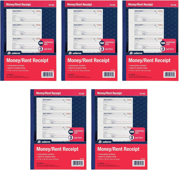 Adams Money and Rent Receipt Books, 3-Part Carbonless, 7-5/8" x 10-7/8", Bound Wraparound