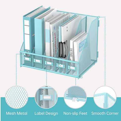 SUPEASY Desk Organizers Metal Magazine File Holder with 5 Vertical Compartments for Office Desktop, Blue Plus