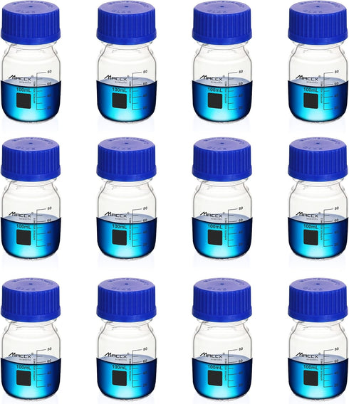 3.4oz (100ml) Glass Round Media Storage Bottles, Heavy-duty Borosilicate with GL45 Screw Cap, Pack of 12