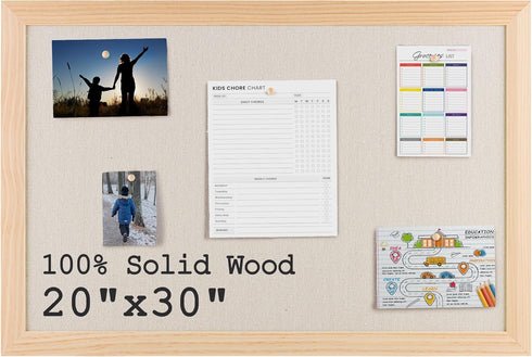 Bulletin Board Cork Board with Linen, 100% Wood Framed 30" x 20" Wall Mounted Picture Board