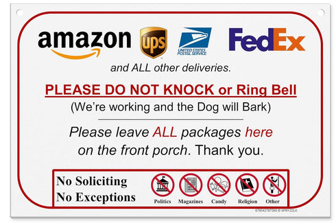 Leave Package Sign - Do Not Knock or Ring Doorbell, Dog Will Bark, 6" x 9", Waterproof PVC