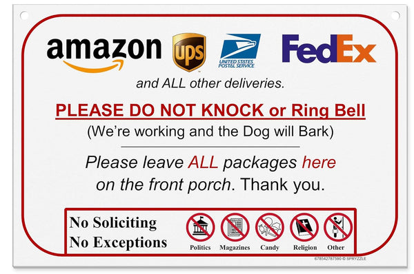 Leave Package Sign - Do Not Knock or Ring Doorbell, Dog Will Bark, 6" x 9", Waterproof PVC
