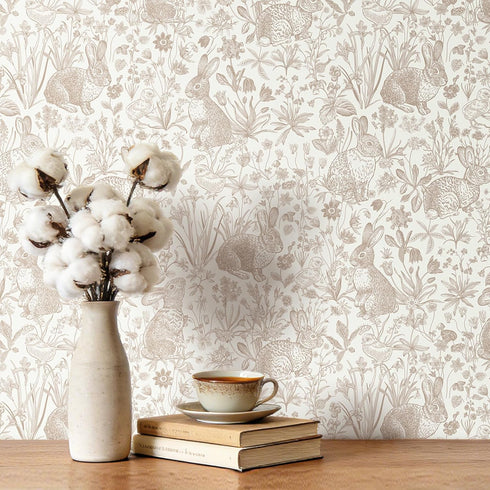 17.5"x276" ICOOP Beige Wallpaper Rabbit Neutral Peel and Stick Wallpaper Boho Vintage Farm Cottage Contact Paper