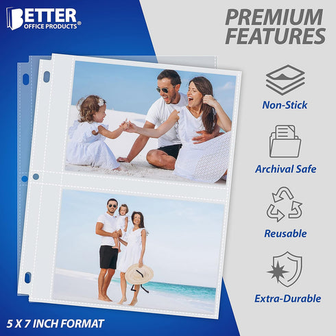 Better Office Products Photo Album Refill Sheets, 5 x 7 Inch, Heavyweight 3 Ring Photo Binder Page Refills