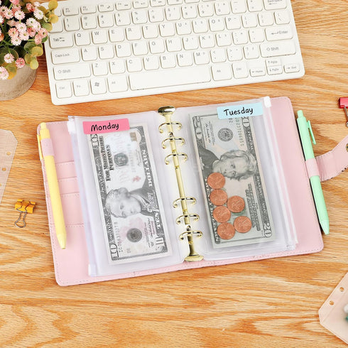 KTRIO 16PCS A6 Binder Pockets, Clear Zipper Pouch Folders, 6 Holes Cash Envelopes for Budgeting, Waterproof PVC Bags