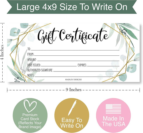 Hadley Designs 25 Geometric Greenery Blank Certificates for Small Business, Paper Voucher for Massage, Hair & Nail