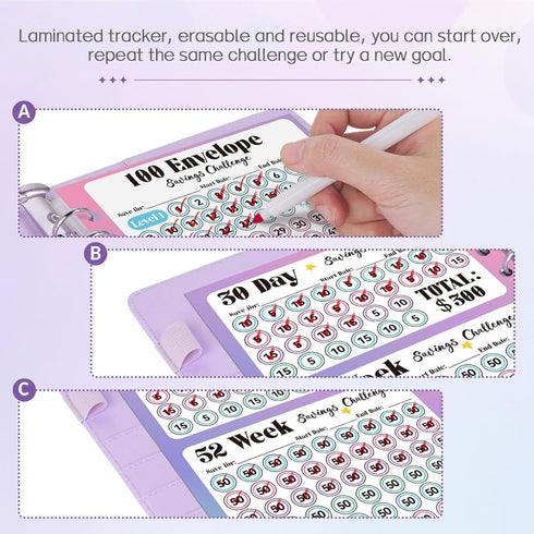 Sooez 100 Envelopes Money Saving Challenge, Savings Challenges Book with 100 Pocket Pre-number, Reusable Tracker,