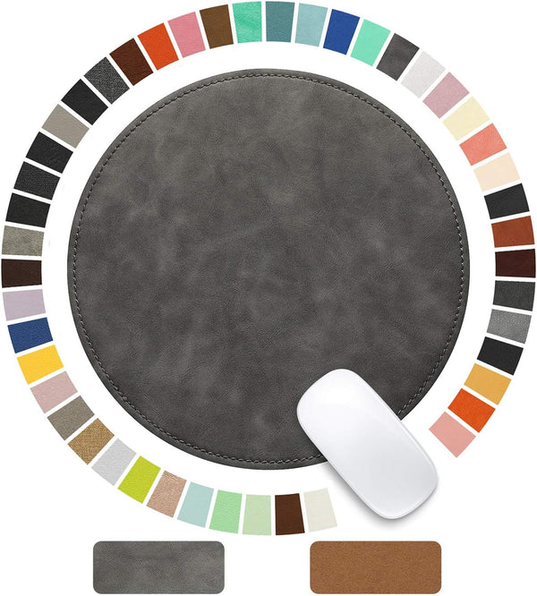 Round PU Leather Mouse Pad with Stitched Edge, Micro-Fiber Base, Non-Slip Waterproof, 9 x 9 Inch (Gray)