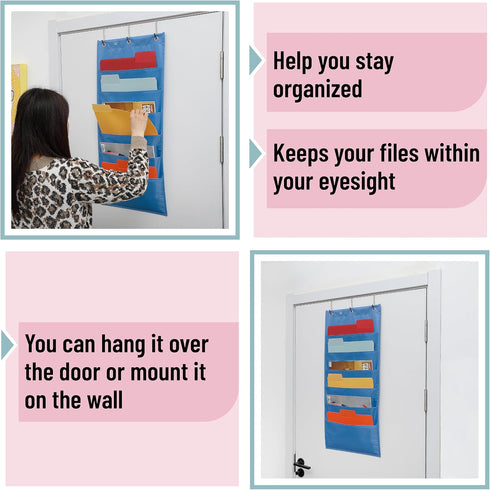 Mr. Pen Hanging Wall File Organizer, 6 Pocket Blue with 3 Overdoor Hangers