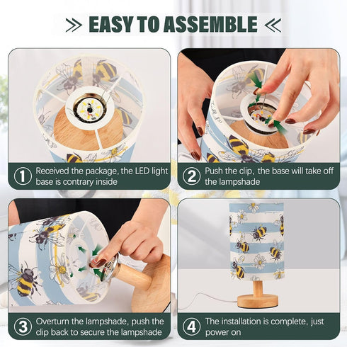 ALAZA Bedside Table Lamp for Bedroom Bee Daisy Floral Nightstand LED Light Lamps with USB Port Linen Fabric Shade Table