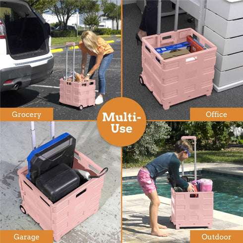 Inspired Living Medium Rolling Collapsible Storage Pack-N-Roll Utility Carts, Telescopic Handle, Raspberry Pink for