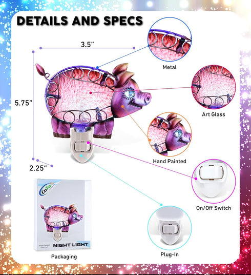 Puzzled Glass Pig Night Light - Decorative Glass Art Animal Night Light for Kids with On and Off Switch, Cute Lamp