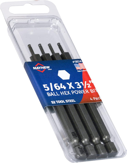 Mayhew Tools 19514-4 USA SAE Ball Hex Power Bit, 4-Pack, 5/64 x 3.5"