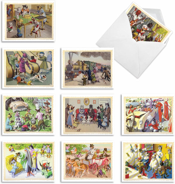 The Best Card Company 10 Boxed Note Cards Blank - Bulk Assorted Cards, Vintage Pictures - Vintage Cats Are People Too