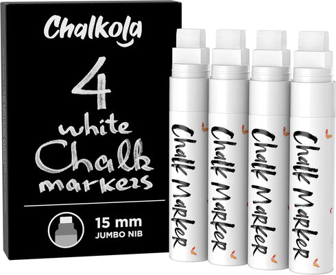 White Jumbo Chalk Markers - 15mm Window Markers, Pack of 4 White Pens for Cars, Chalkboard, Whiteboard, Glass, Bistro