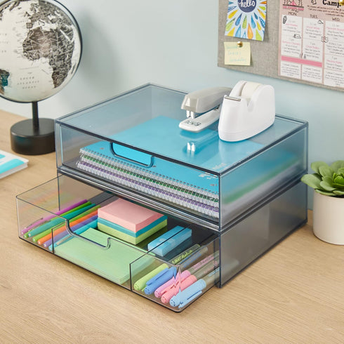 STORi STAX Plastic Stackable Organizer Drawers (Set of 2), Classic Grey, for Office Desk Accessories & Paper
