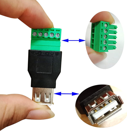 CGTime USB 2.0 A Screw Terminal Block Connector, Female Plug to 5 Pin/Way Female Bolt Screw Shield (2Pack)