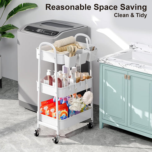 Recximi 3 Tier Heavy Duty White Metal Rolling Cart with Lockable Wheels, Three Tier Roller Book Snack Cart, Utility