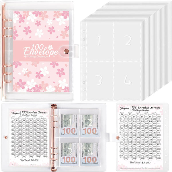 SKYDUE 100 Envelopes Challenge Binder with Laminated $5050 Tracker Sheet & Pre-numbered Pockets (Pink)