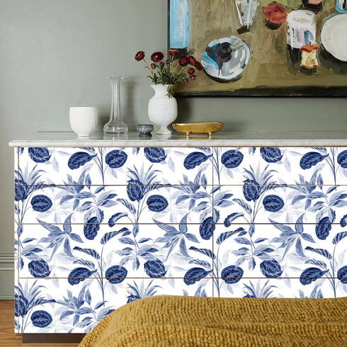 Palm Tree Leaf Navy Blue and White Floral Wallpaper: Peel and Stick Tropical Wallpaper for Bathroom Removable Wall Cover