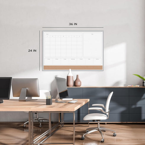 U Brands 36"x24" Magnetic Dry Erase Calendar Board with Silver Aluminum Frame, 4-in-1 Design