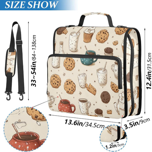 Fisyme 3 Milk and Cookies Cute Zipper Binder Ring with Zipper and Shoulder Strap Large Capacity Multi-Pocket Binder