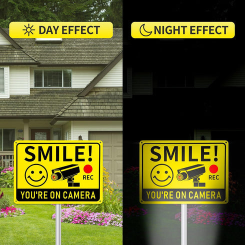 2 Pack 10"x7" Smile You're on Camera Signs Video Surveillance Signs Outdoor, Rust-Free Aluminum Warning Sign, UV