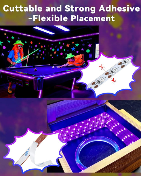 16.4FT 300LEDs Black Light Strip with USB Plug + Battery Box, Adhesive Blacklight Fixture, Battery & USB Operated