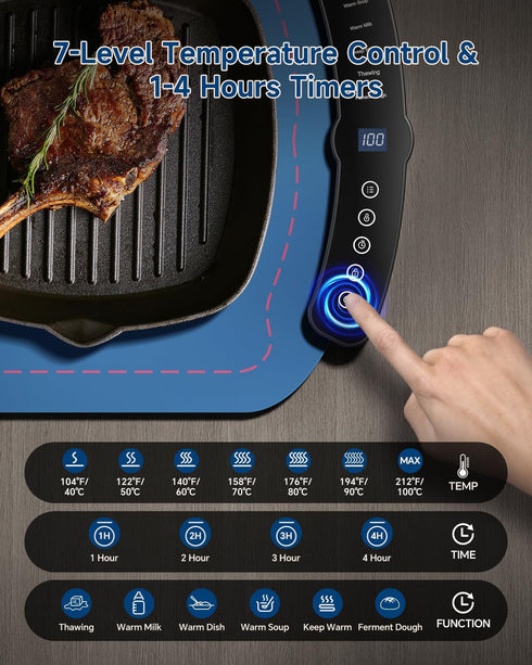 7 Warming Mat for Food, Food Warming Mat with Temp Master Aadjustable Warming Tray, Thermochromic Line, Roll Up Buffet