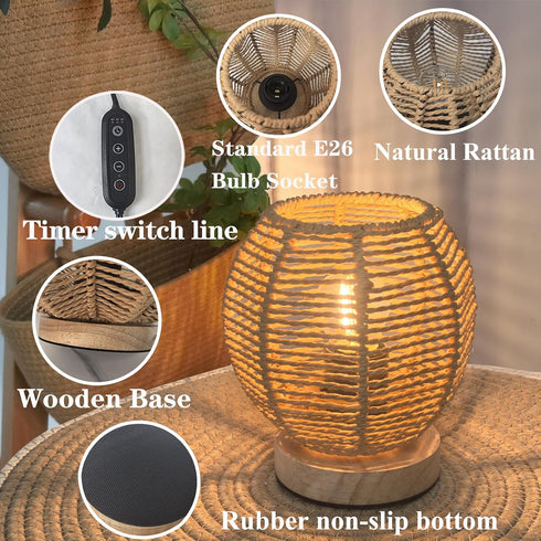 2700K G45 Bulb Rattan Table Lamp, Mini Boho Lamp, Vintage Wicker Nightstand Small Lamps with Wood Base, Bohemia Woven
