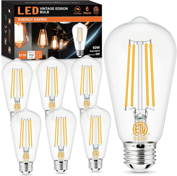 hansang E26 Edison Light Bulbs, Dimmable, 2700K Warm White, Vintage Edison Bulbs, 60 Watt Equivalent, 6W Filament Light
