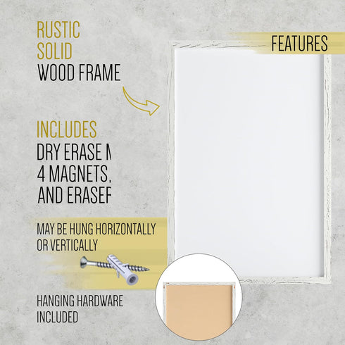 HBCY Creations Wall Mount Whitewashed White Board, 24"x36", Dry Erase Marker, 4 Magnets, Eraser, Wood Frame