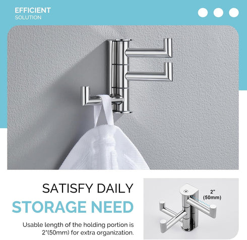Angle Simple Swivel Towel Hook, Polished Chrome 304 Stainless Steel 3-Arm Robe Hook, Wall Mounted Towel Rack
