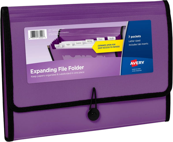 Avery Expanding File Folder Organizer, 7-Pocket Accordion, Plum, Holds 425 Letter/A4-Size Sheets