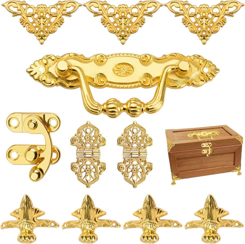 Gold Jewelry Box Kit - Antique Lock Latch Hasp Hinges and Corner Protectors for DIY Jewelry Box