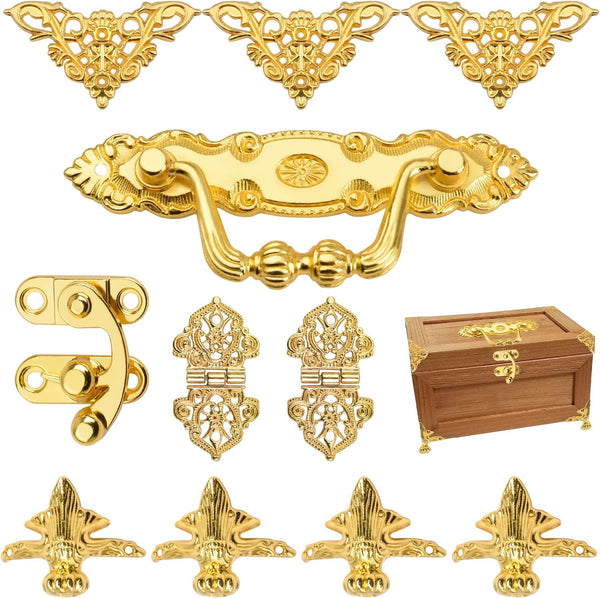 Gold Jewelry Box Kit - Antique Lock Latch Hasp Hinges and Corner Protectors for DIY Jewelry Box