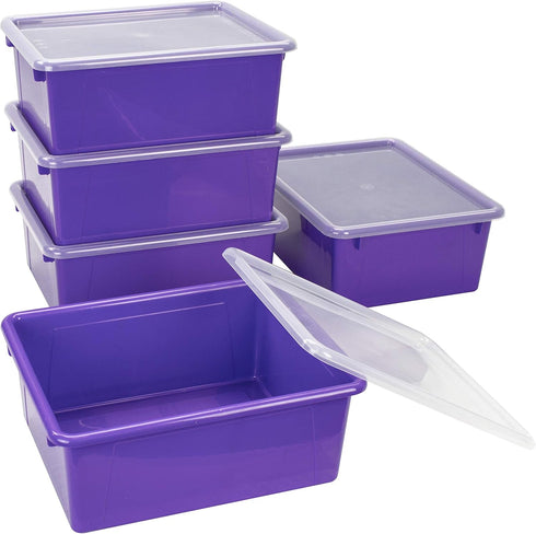 Storex Deep Storage Tray, Letter Size Organizer Bin with Non-Snap Lid, Violet, 5-Pack for Classroom, Office, Home
