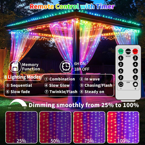 10x10Ft 300LED 8 Dimmable Curtain Lights Battery Operated Waterproof Waterfall Light with Modes Remote Timer Memory