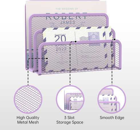 SUPEASY Mail Organizer, Desktop File Organizer Mesh Metal Mail Holder with 3-Slot, Office Envelope Organizer (Purple)