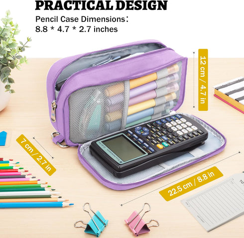 Big Capacity Pencil Case, Durable 3 Compartment Pen Pouch, Portable Zipper Stationery Organizer for Kids, Teens, Adults