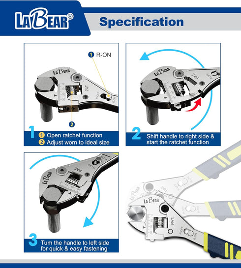 LABEAR 8 Inch Long x 1 Inch Adjustable Ratchet Wrench