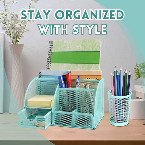 Flexzion Desk Top Caddy Organizer - Green Office Desk Accessories Organizer and Storage - Metal Mesh Desk with 6 Compartments, Drawer and Pen Holder by Flexzion