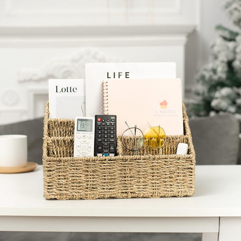 KOLWOVEN Sea Grass Magazine Display Holder, Mail Organizer Countertop, Bill Sorter, File Organizer for Desk and Home