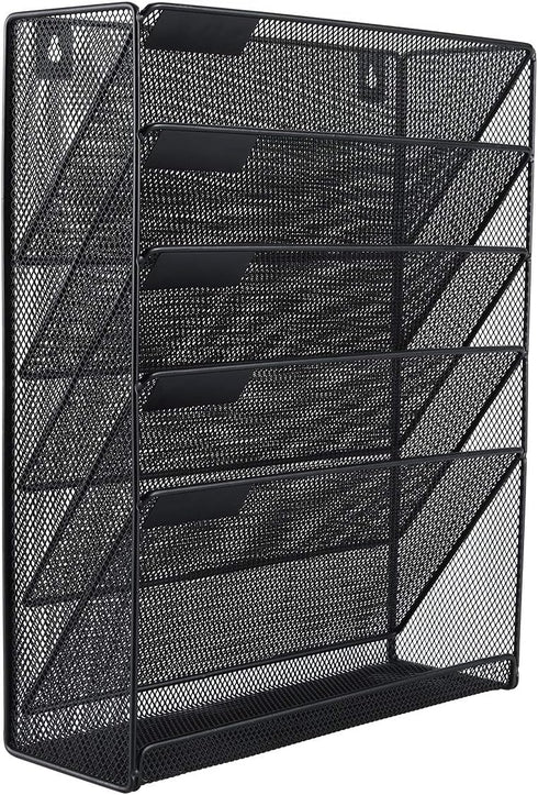 EasyPAG 5 Slot Wall Hanging File Organizer - Vertical Office Desk / Wall Mounted Paper Holder with Bottom Tray, Black