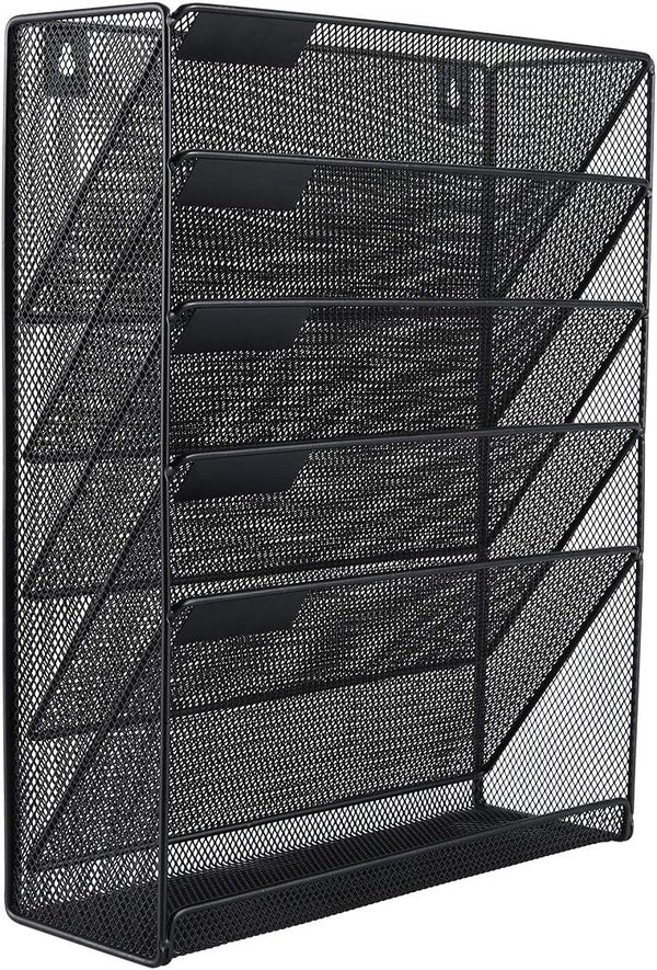 EasyPAG 5 Slot Wall Hanging File Organizer - Vertical Office Desk / Wall Mounted Paper Holder with Bottom Tray, Black