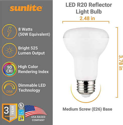 Sunlite 81393 LED 90 CRI R20 Recessed Light Bulb, 8 Watts (50W=), 525 Lumens, Dimmable, Medium Base (E26), Wide 110 Beam Angle, Energy Star, UL Listed, Title-20 Compliant, 5000K Daylight, 1 Count by Sunlite