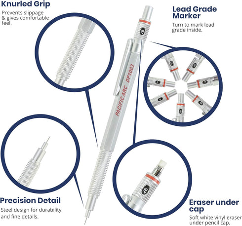 Pacific Arc Chromagraph Metal Mechanical Pencil .3 mm Silver Barrel for Drafting and Sketching