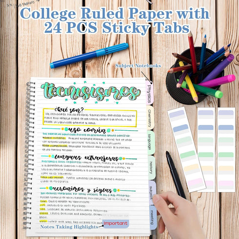 Spiral Notebook, College Ruled, 4 Pack Large B5 Lined Notebooks, 8" x 10", 560 Thick Paper, 24pcs Index Tabs, Pastel