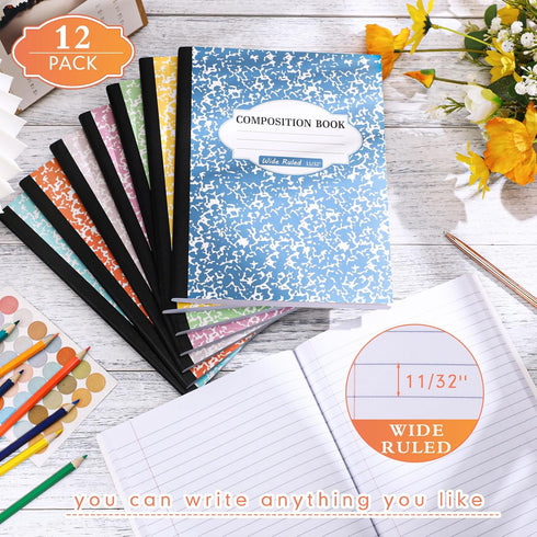 Colarr 12 Pack Wide Ruled Composition Notebook - 9.75 x 7.5 Inch, Assorted Fun Colors, Hard Cover, Sturdy Sewn Binding